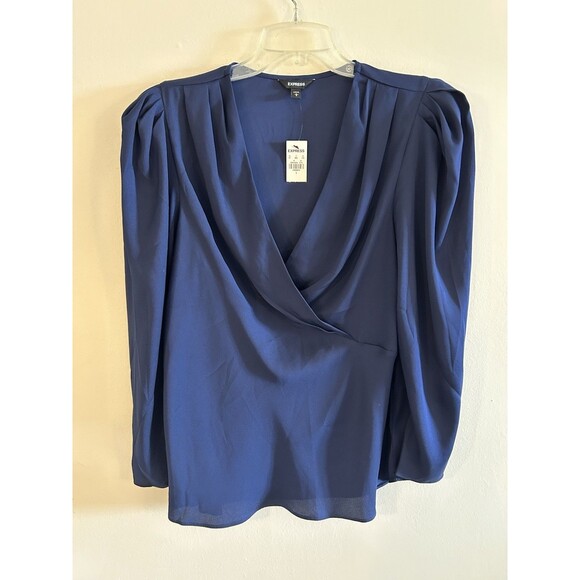 Express Tops - NEW! Express Women’s Blouse Navy Blue Short Sleeve Draped Front Size L